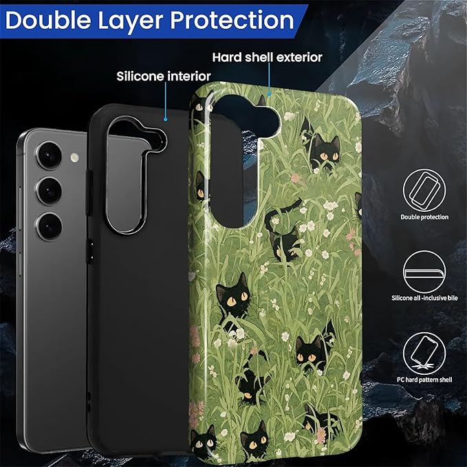 for Samsung Galaxy S23 Plus Case,HL2 Grass Cat Hybrid 2 Layer Hard Shell Silicone Protective Pattern Design Case