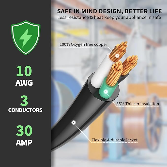 POWGRN 30 Amp RV Extension Cord 100 FT Outdoor with Grip Handle, Flexible Heavy Duty 10/3 Gauge STW 3 Prong RV Power Cord Waterproof, NEMA TT-30P to TT-30R, Black-Green, ETL Listed.