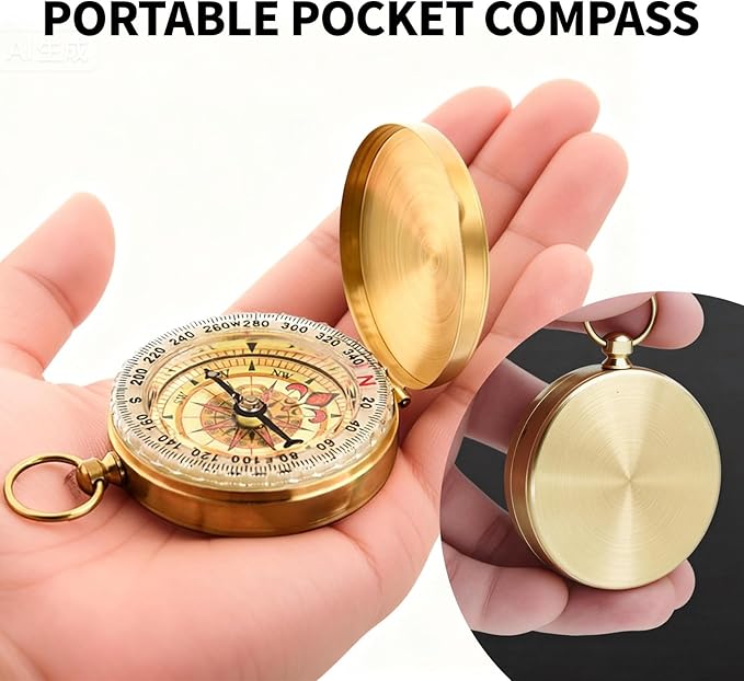 Brass Pocket Compass with Luminous Dial, Golden Vintage Pocket Watch Style Compass, Sports Waterproof Navigation Maganetic Compass with Key Ring for Outdoors Camping Hiking Survival