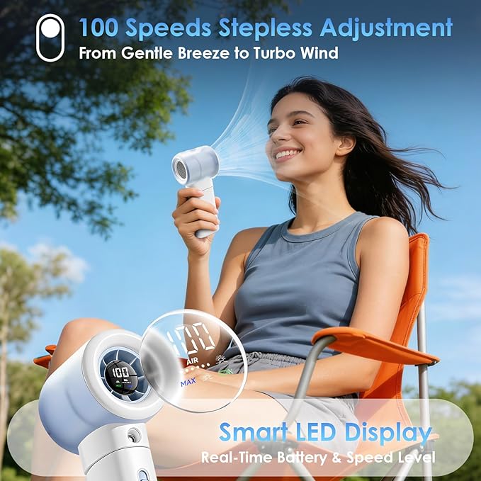 Portable Misting Fan Handheld Powerful Turbo Fan, 100 Speeds, 6000mAh Rechargeable Battery, LED Display, Spray Mist Personal Mini Fan for Travel, Beach, Outdoor Camping (Snow White)