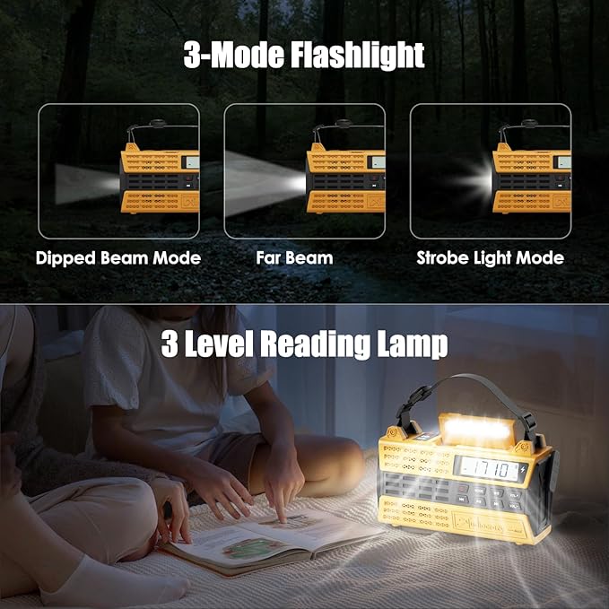 Emergency Radio, 5000mAh/18500mWh Solar Hand Crank Weather Radio with NOAA/AM/FM/Bluetooth, Crank Radio Flashlight Cell Phone Charger,Flashlight&SOS for Outdoor/Home Yellow