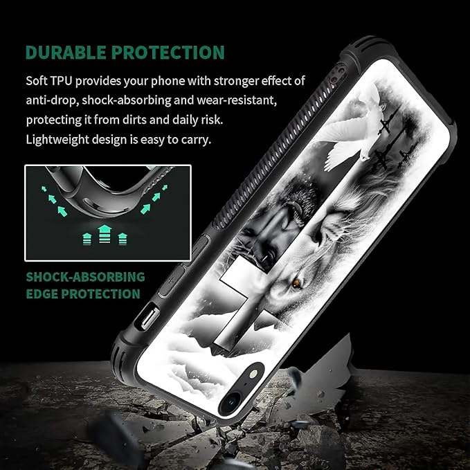 for iPhone XR Case, Lion Cross Jesus Christ Dove Pattern Graphic Design Girl Boy Soft Silicone Hard Acrylic Shock Protection for iPhone XR