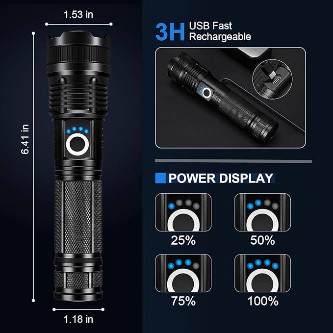 3 Pack Rechargeable Flashlights High Lumens, 990000LM Super Bright LED Flashlight, Adjustable Powerful Flash Light with 5 Modes & USB Cable, Waterproof Handheld Flashlight for Home Camping Outdoor