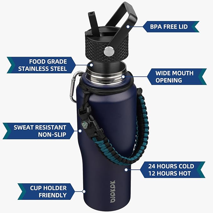 BJPKPK Insulated Water Bottles with Straw Lid, 23oz Metal Water Bottle with 2 lids & Paracord Strap, Double Wall Stainless Steel Vacuum Tumblers, Cups, Mugs, Thermo for Hot& Cold Drinks, Navy Blue