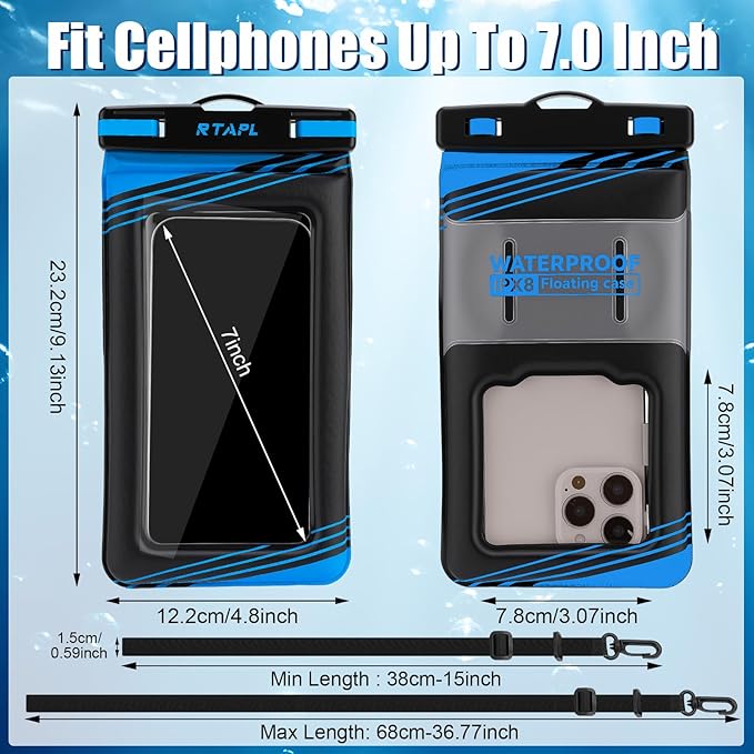 Floating Waterproof Phone Pouch 2 Pack - IPX8 Waterproof Phone Case with Lanyard, Universal Protector for iPhone 17/16/15/14/13 Pro Max Plus & Galaxy S25/S24, Blue