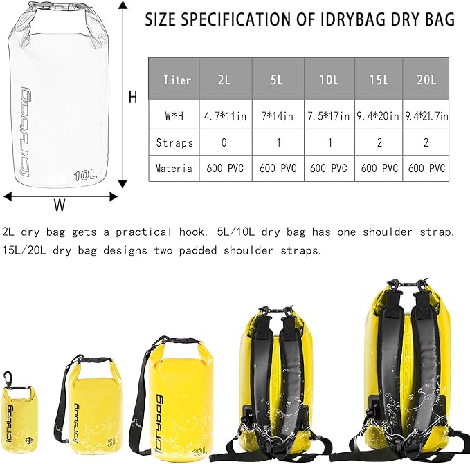 IDRYBAG Dry Bag for Kayaking Waterproof 2L/5L/10L/15L/20L, Small Dry Sack Waterproof Bag for Boating
