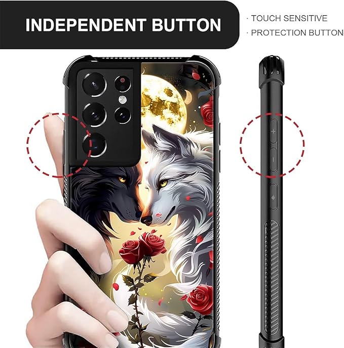 for Samsung Galaxy S21 Ultra Case, Black White Wolf Moon Flower Rose Pattern Graphic Design Girl Boy Soft Silicone Hard Acrylic Shock Protection for Samsung Galaxy S21 Ultra
