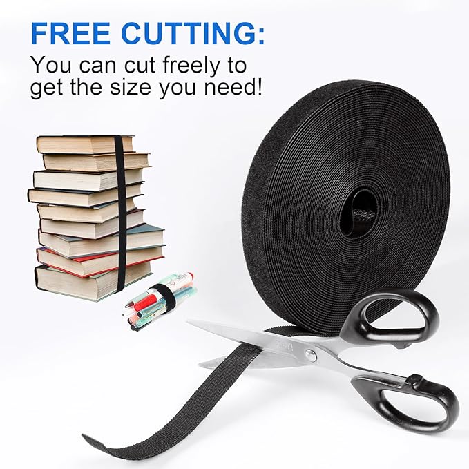 OneLeaf 46ft x 1/2inch Fastening Cable Ties Roll, Reusable Self-Gripping Strips, Double Sided Hook and Loop Tape Cable Management, Cut to Length Straps, Black Heavy Duty Wire Management