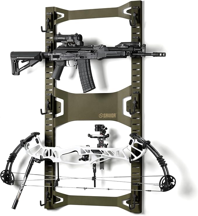 Savior Equipment Horizontal Steel Wall Mount Firearm Rifle Display Rack, Compound Bow Shotgun Carbine Gun Sword Tactical Vest Gear Hanger Free-Standing Indoor Storage Organizer, 10 Mounting Hooks