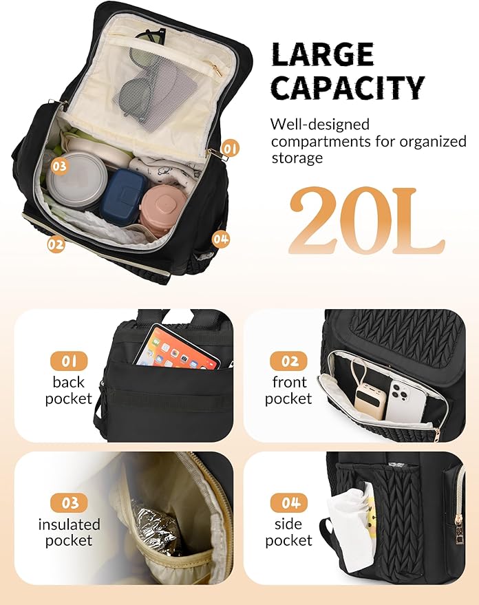 Awanhe Diaper Bag Backpack, Baby Bag with Changing Pad, Travel Waterproof Diaper Bag Tote, Newborn Essentials Must Haves, Luxury baby shower gifts for boys & Girls, Black