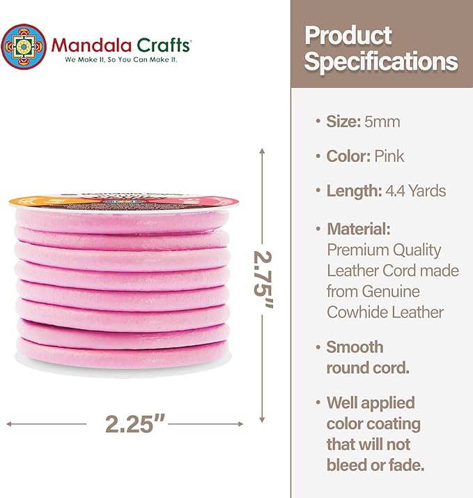 Mandala Crafts Round Genuine Pink Leather Cord for Jewelry Making – 5mm Cowhide Leather Rope String Lace for Kumihimo – 4.4 Yards Cowhide Craft Cording Spool