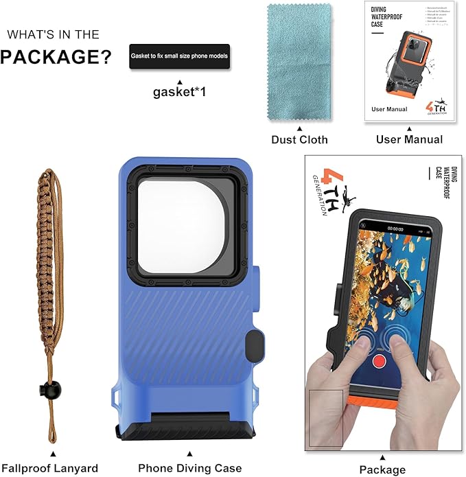 Underwater Phone Case for Snorkeling & Diving (50ft/15m), IP68 Waterproof Case for Swimming, Universal Underwater Touch Screen Case Compatible with iPhone (Blue, 4th Generation Phone Case)