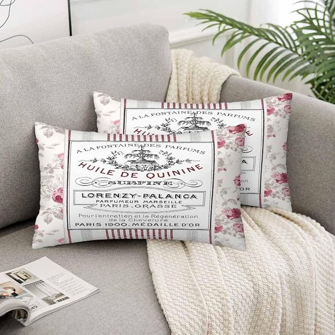 Huile De Quinine Vintage French 12 X 20 Pillow Covers Elegance Fountain Pink Rose Wreath Floral Striped Set of 2 Pillow Cases Outdoor Pillowcases Decorative Home Bed Sofa Couch Hotel