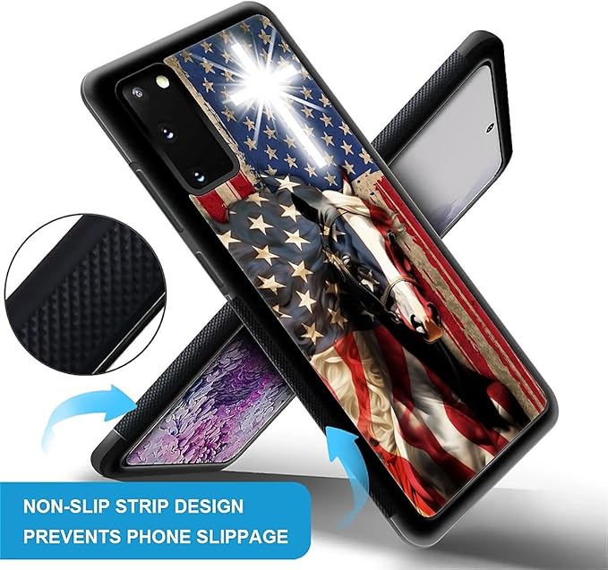 for Samsung Galaxy S20 Case, Red American Flag Horse Cross Pattern Graphic Design Girl Boy Soft Silicone Hard Acrylic Shock Protection for Samsung Galaxy S20