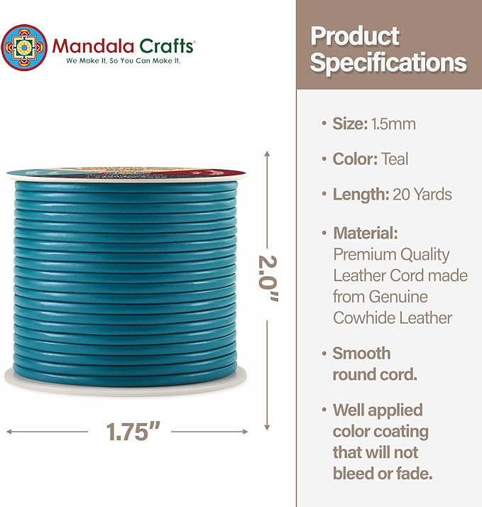 Mandala Crafts Round Genuine Teal Leather Cord for Jewelry Making – 1.5mm Cowhide Leather Rope String Lace for Kumihimo – 20 Yards Cowhide Craft Cording Spool