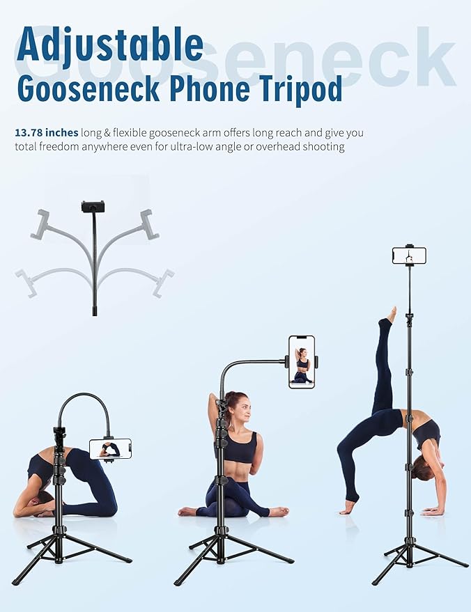 Nineigh Phone Tripod, 85" Tripod for Cell Phone iPhone with Gooseneck, Aluminum Tripods Stand for Video Recording Photo Vlog, Travel Cellphone Tripod with Remote Compatible with iPhone Android