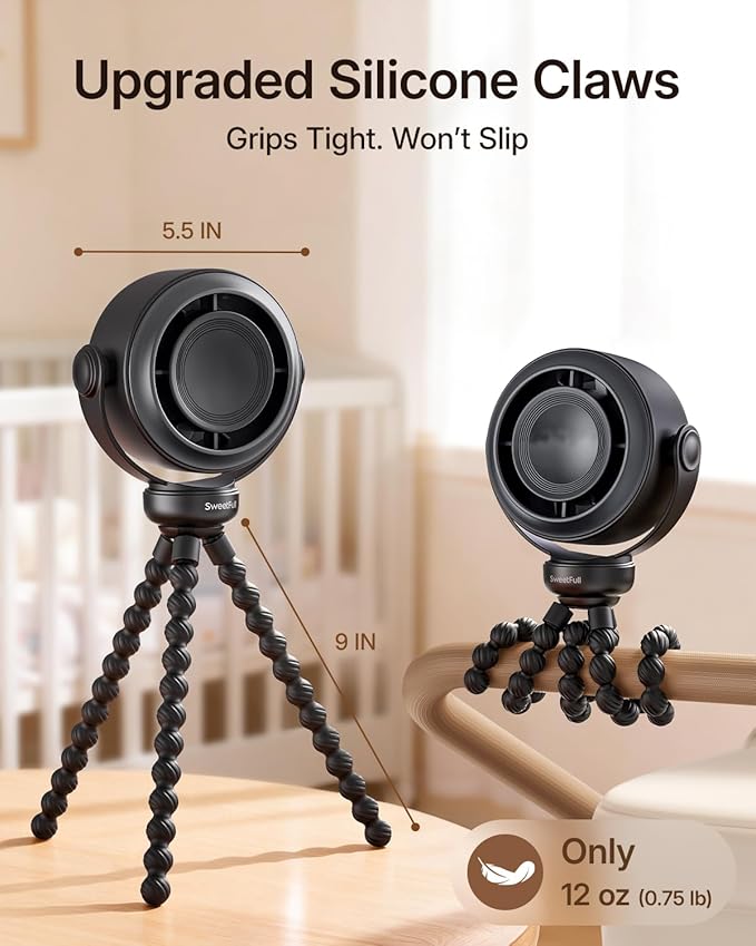 SWEETFULL Portable Stroller Fan, Pinch-Proof Baby Fan, 10H Battery, 5-Speed Quiet Mini Clip on Fan, USB-C Rechargeable with LED Display for Car Seat, Crib & Travel - Black