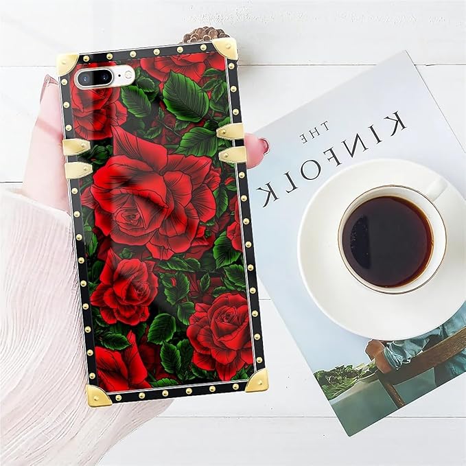 Compatible with iPhone 8 Plus 7 Plus Case, Vector Red Rose Green Leaf Luxury Golden Decoration for Girl Women Soft TPU Shockproof Protective Hard PC Back for iPhone 8 Plus 7 Plus