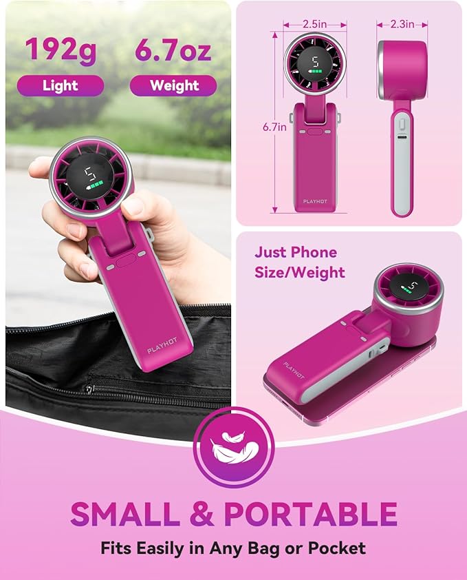 PlayHot Portable Handheld Turbo Fan, 5-Speed Personal Fans, 5000mAh Rechargeable Fans Up to 12 Hours, Weight only 0.6lb Small Fan, Hand/Neck/Desk Fan 3 IN 1, Beach Vacation Essentials(Magenta)