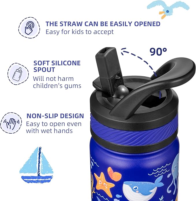 Fanhaw 18 Oz Kids Insulated Water Bottle with Straw - Stainless Steel Double Wall Vacuum Cup, Leakproof, BPA Free, Suitable for Boys and Girls(Blue - Ocean)