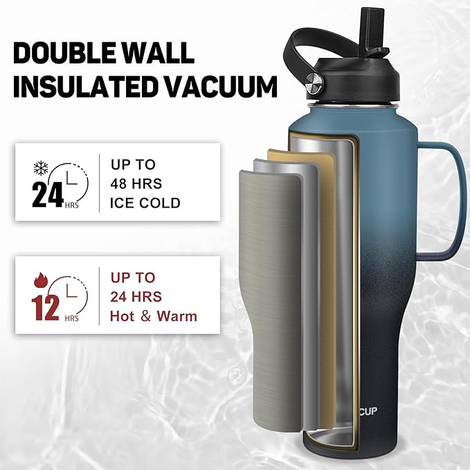 ABOTOCUP Water Bottle 40oz, Insulated Tumblers with Handle & Straw Lid, Insulated Water Bottle Fits in Cup Holder, Double Wall BPA-Free, Stainless Steel Travel Cup Leak-proof to Keep Cold 24H&Hot12H