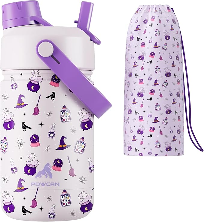 12 oz Kids Insulated Water Bottle: 2-in-1 Straw Spout Lid, Leakproof, BPA-Free, Keep Cold 24H, Fits Car Cupholder, Stainless Steel Cup for School, Holiday, Gift for Girls Daughters (Witching Hour)