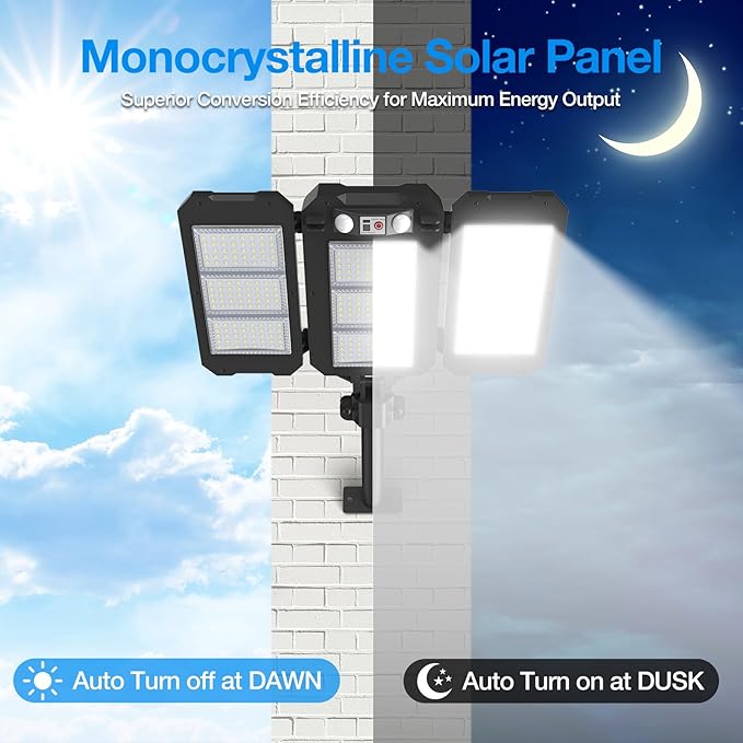 Solar Lights Outdoor, 7000 LM Super Bright Dual Motion Sensor Lights, Aluminum Arm 3 Heads Dusk to Dawn LED Outdoor Flood Lights, IP65 Waterproof Solar Security Light with 3 Modes Yard Street-2 Pcs