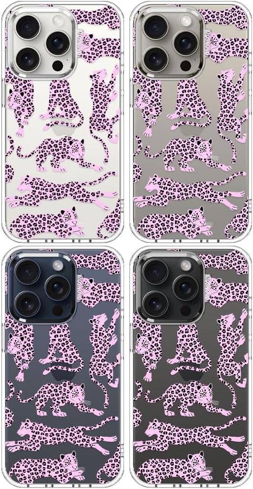 MOSNOVO Case for iPhone 15 Pro, [Buffertech 6.6ft Military-Grade Drop Protection] [Anti Peel Off Tech] Clear TPU Bumper Phone Case Cover Design - Pink Leopard