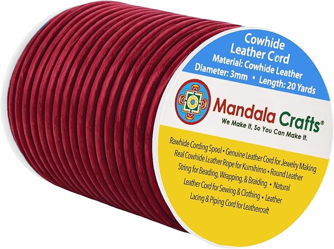 Mandala Crafts Round Genuine Burgundy Leather Cord for Jewelry Making – 3mm Cowhide Leather Rope String Lace for Kumihimo – 20 Yards Cowhide Craft Cording Spool