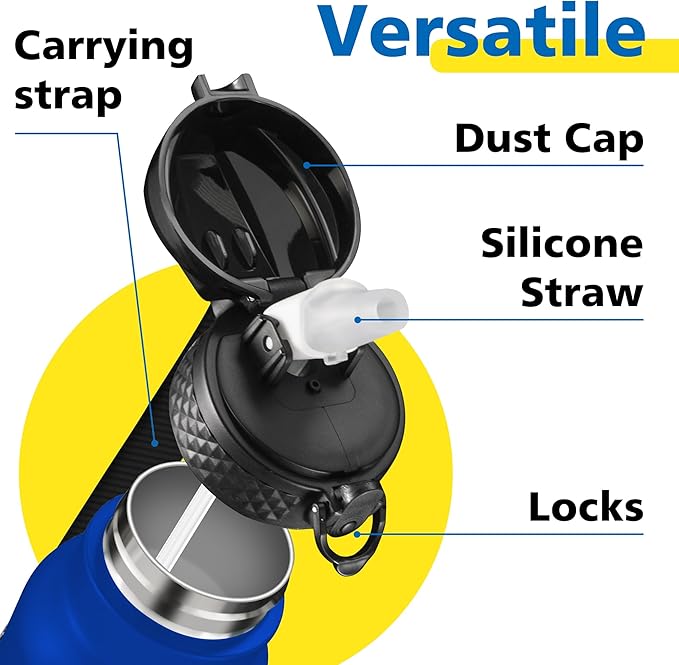 Han's Bottle Sports Water Bottle - 24 Oz, Straw Lid, Leak Proof, Vacuum Insulated Stainless Steel, Double Walled, Thermo Mug,Klein Blue