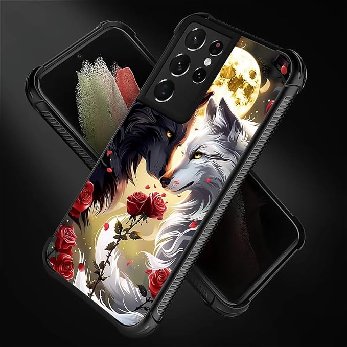 for Samsung Galaxy S21 Ultra Case, Black White Wolf Moon Flower Rose Pattern Graphic Design Girl Boy Soft Silicone Hard Acrylic Shock Protection for Samsung Galaxy S21 Ultra
