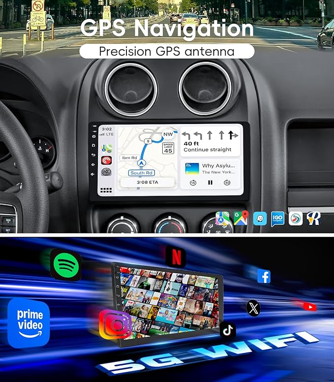 4G+64GB Android 13 Car Radio Stereo for Jeep Patriot Compass 2010-2016, 10" Touch Screen Head Unit with Android 13/CarPlay/Android Auto/GPS Navigation/Bluetooth/FM/DSP Radio/AHD Backup Camera