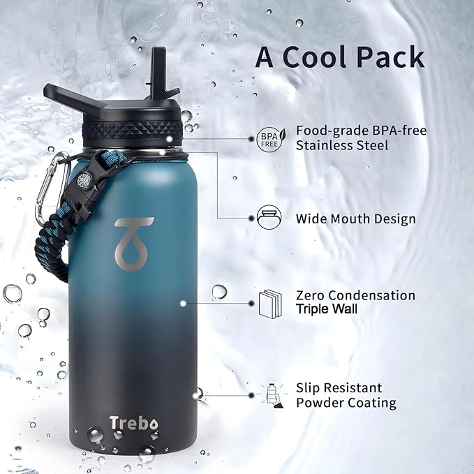 Trebo 32oz Water Bottle Insulated with Lid and Straw,Triple Wall Vacuum Stainless Steel Metal Tumbler Sports Flask with Paracord Handle, Keep Cold 48 Hours Water Cup with 3 Lids, Indigo/Black