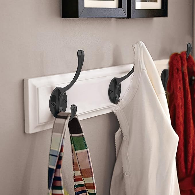 Heavy-Duty Metal Coat Hooks for Wall, 10-Pack Black Wall Mounted Hooks with 20 Screws, Double Robe Hooks for Coat, Hat, Robe, Towel, Entryway, Bathroom, Kitchen