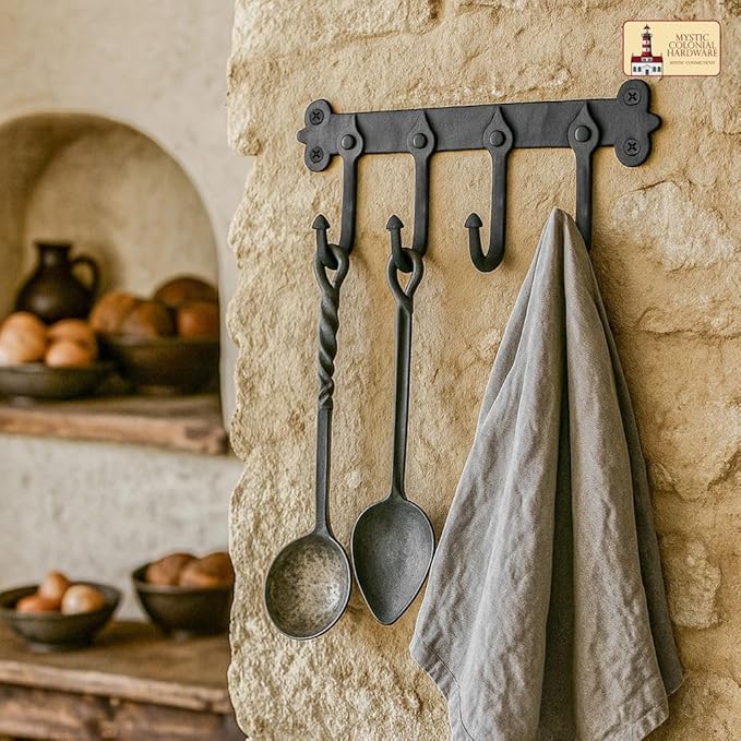 Mystic Colonial Medieval Rustic Hand-Forged Iron Wall Mounted Coat Rack (1 Pc, 4 Hooks) (5 in x 11 in) | Vintage Black Finish Heavy-Duty Utility Hanger for Coats, Towels, Keys & Bags