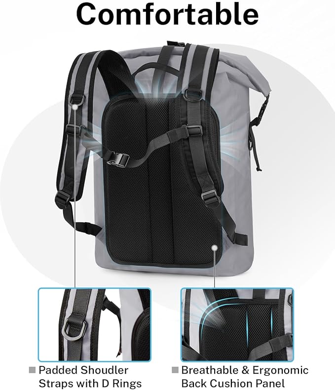 Gonex Ultralight Waterproof TPU Backpack, 35L Roll Top Dry Bag with Comfortable Padded Back Panel for Kayaking Boating Camping Fishing Travel,Grey