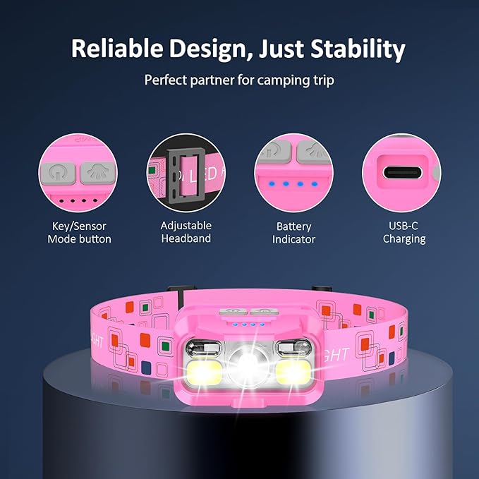 LHKNL Headlamp Rechargeable, Lumen Super Bright Motion Sensor Head Lamp Flashlight,2-Pack Waterproof LED Headlight with White Red Light,8 Modes Head Lights for Camping Cycling Running Fishing-Pink