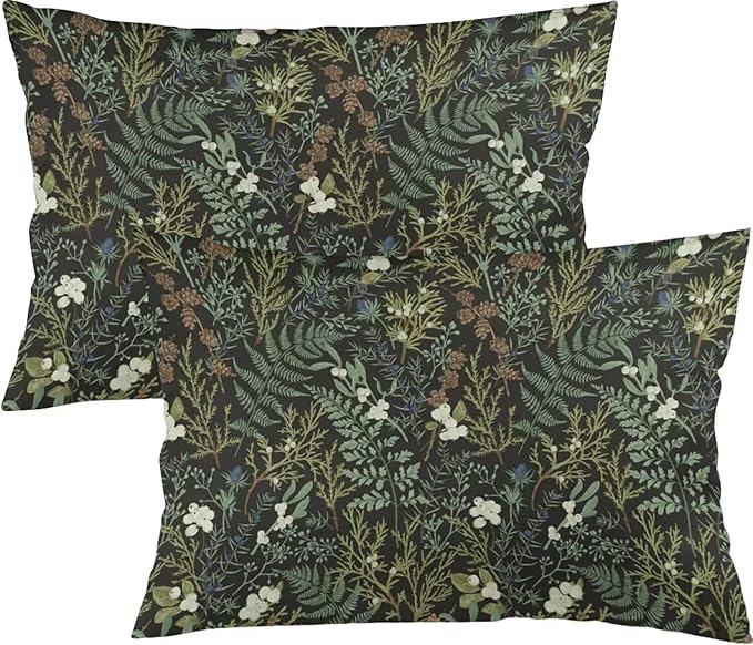 Botanical Print Floral Throw Pillow Covers Set of 2 Queen Size Black Sage Green Spring Flower Plant Pillow Cushion Cases Standard Pillow Cases Decorative Pillowcase 20X30 Inch for Sofa Bed