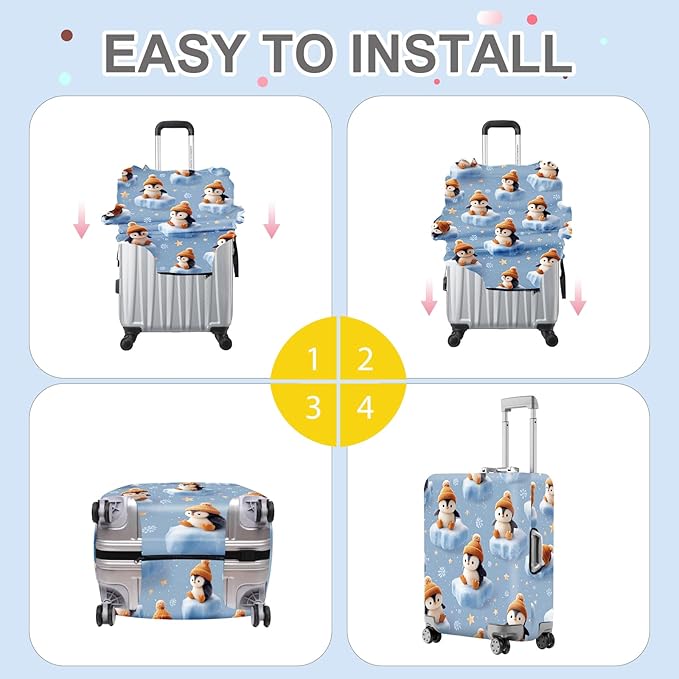 ANNA QUEEN Winter Penguin Luggage Cover, Cute Penguin on Ice Pattern Suitcase Protector, Washable Stretchable Travel Sleeve for 24-26 Inch Luggage