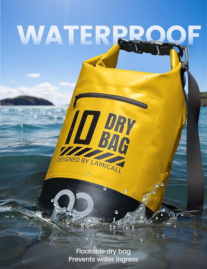 Lamicall Waterproof Dry Bag with Phone Pouch, Floating Roll Top Backpack, 20L, Yellow