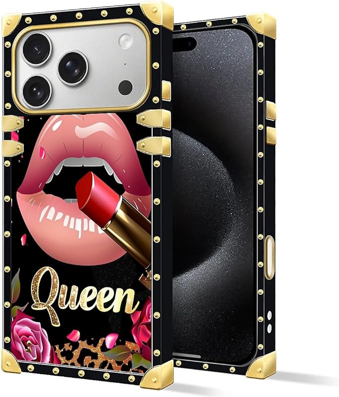for iPhone 17 Pro Max Case Luxury Golden Decoration for Girl Women Soft TPU Shockproof Protective Hard PC Back for iPhone 17 Pro Max Crazy Pattern Glitter Red Rose Queen Leopard Lipstick