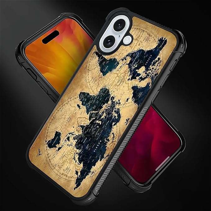for iPhone 16 Plus Case, Brown World Map Pattern Graphic Design Girl Boy Soft Silicone Hard Acrylic Shock Protection for iPhone 16 Plus