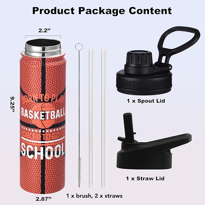 Basketball Water Bottle, 24 oz Insulated Stainless Steel Sports Bottle with Straw, Basketball Stuff Gifts for Boys