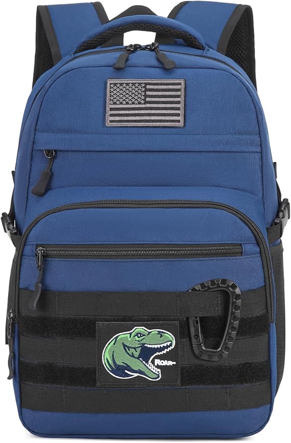 Kids Tactical Backpack Army Molle Bookbag Military Boys Backpack for School, Outdoor, Camping (Includes 2 Patches+1Carabiner), Blue
