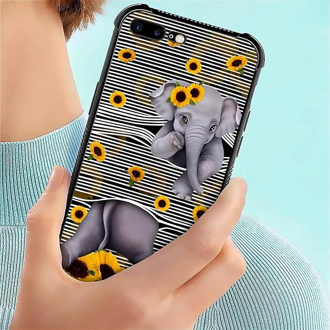 for iPhone 7/8 Case, Cute Little Elephant Sunflower White Line Art Pattern Made of Soft Silicone Hard Acrylic Shock Protection for iPhone 7/8