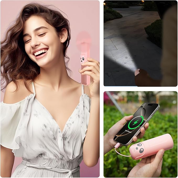 Portable Handheld Personal Fan, 4 IN 1 USB-C Rechargeable Mini Eyelash Fans with 4500mAh Battery [26H Runtime], Flashlight, Lanyard for Disney World,Travel，Summer，Concerts, Pink