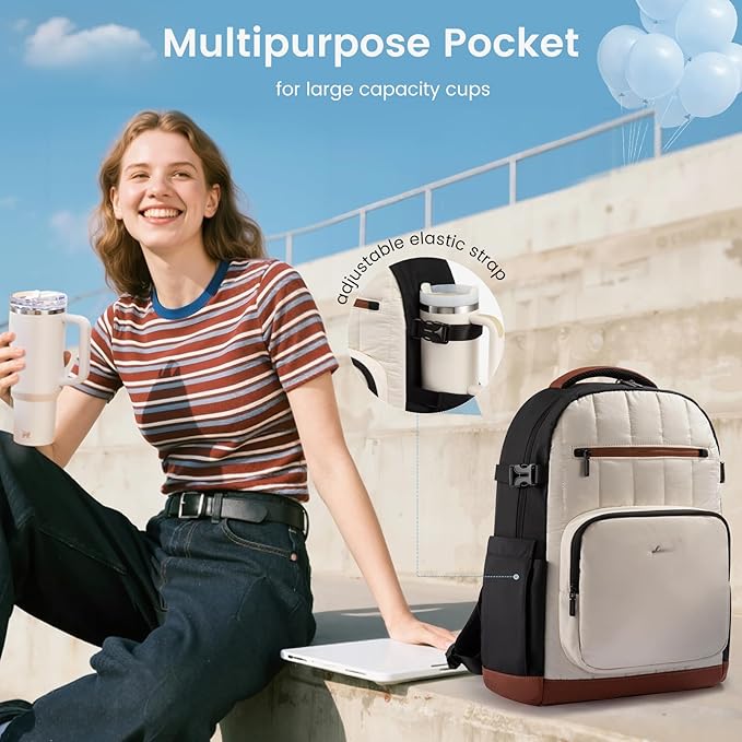 LOVEVOOK Laptop Backpack for Women with Giant Tumbler Holder Pocket,15.6 Inch Puffer Travel College Work Backpack Purse for Teacher Nurse,Casual Laptop Bag Computer Back Pack Daypack,White-Black-Brown