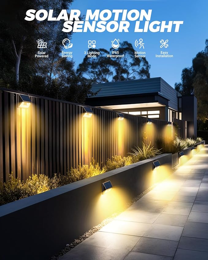 Vighep 4 Pack Solar Fence Lights Waterproof, Motion Sensor Deck Outdoor, Warm White LED for Wall Yard Steps Stairs Garden - Brown