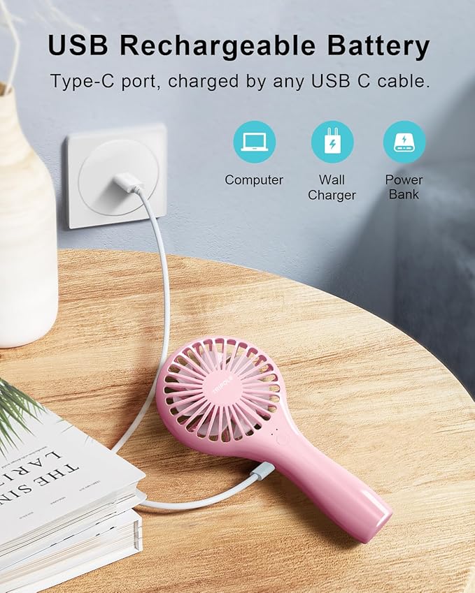 TriPole Handheld Mini Fan Battery Operated Small Personal Portable Fan Speed Adjustable USB Rechargeable Fans for Kids Girls Women Men Home Office Indoor Outdoor Travelling, Pink