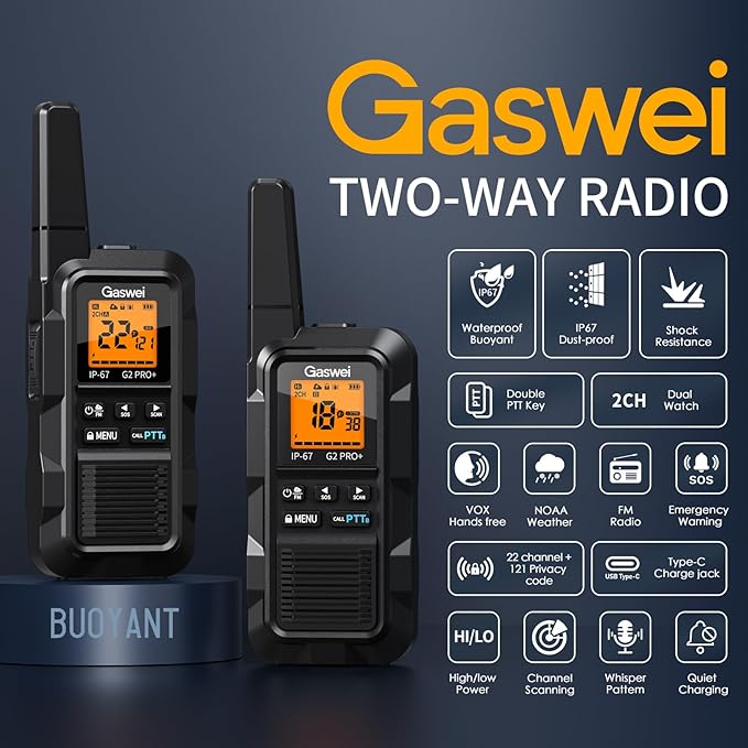 Gaswei G2pro+ Heavy Duty Walkie Talkies for Adults，Rechargeable Long Range Two Way Radios 2 watts ，NOAA Weather，FM Radio，IP67 Waterproof，VOX ，Double PTT，Li-ion Battery (2 Pack - Black)